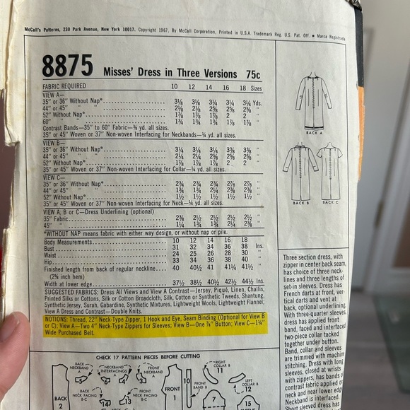 5/$25 Women's Dress Pattern McCall 8875 sew pattern kit 1967 🪡 - Picture 4 of 6